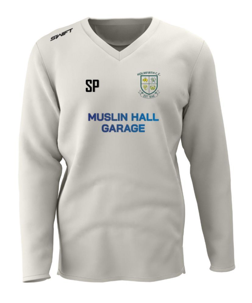 Holmfirth CC (Junior) Muslin Hall Garage Long Sleeved Sweater c/w Sleeve Sponsors & Back Sponsor