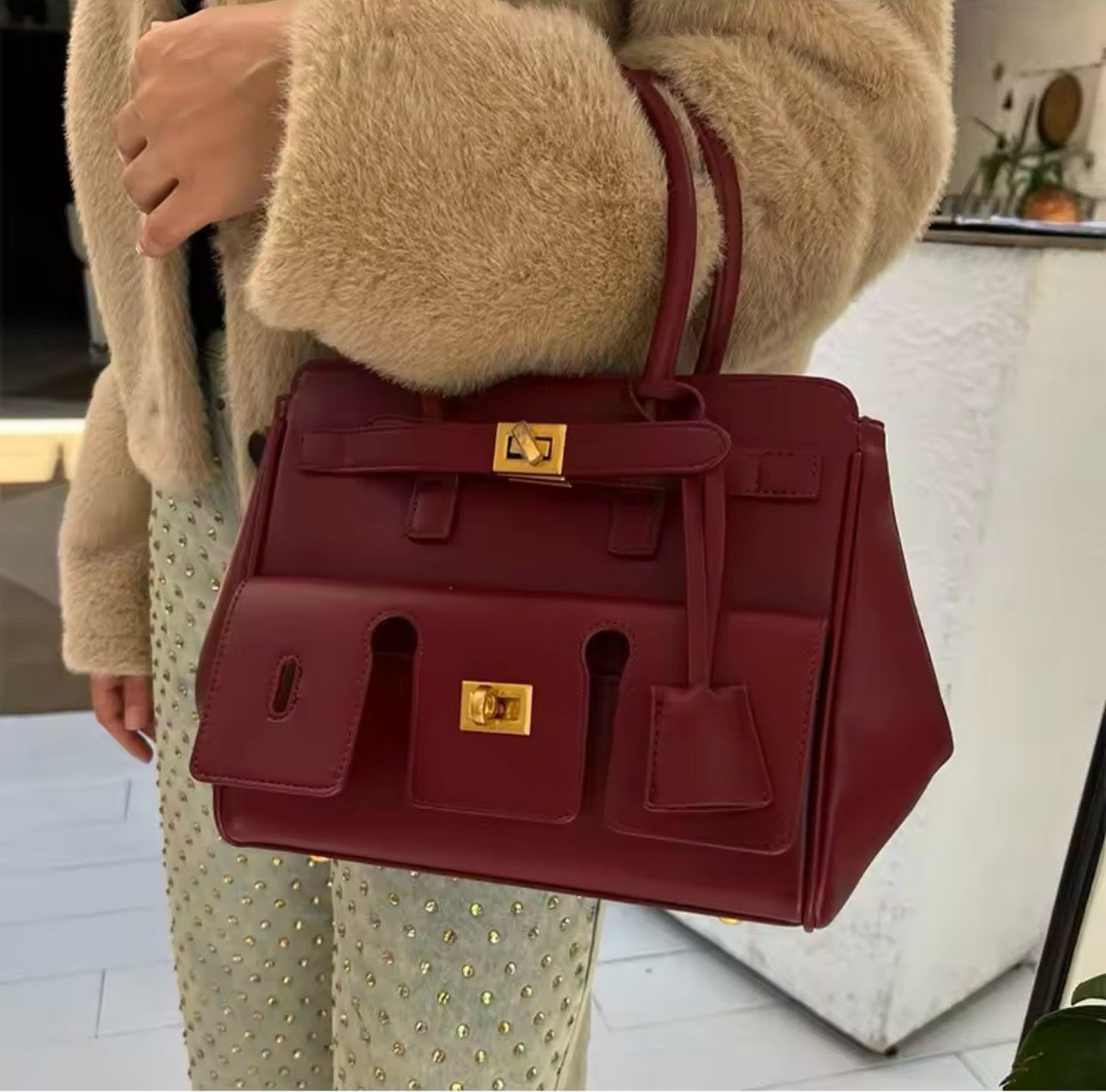 Leather Handbag - Maroon(Bourdex)
