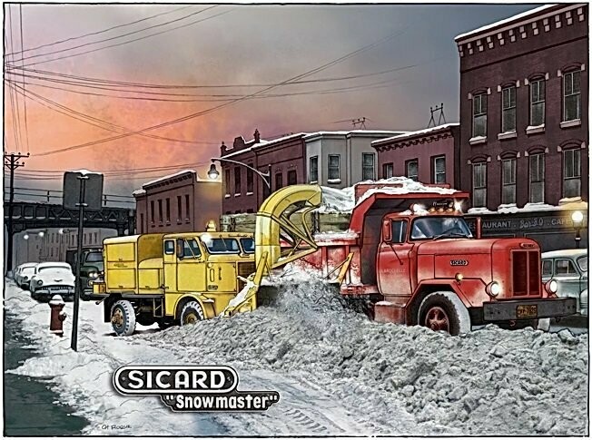 Affiche  d'un  Camion et d'une Déneigeuse "Sicard" dans la neige