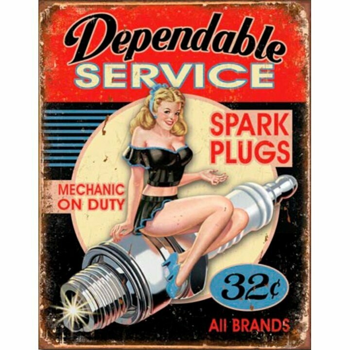 Plaque Métal Publicitaire Vintage Pin  Up  " Dépendable Service "