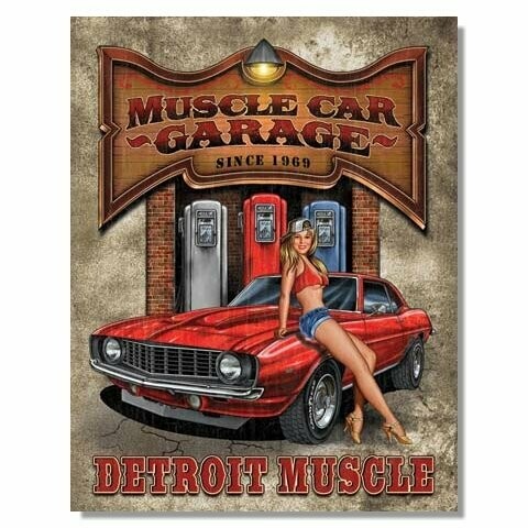 Plaque Métal Publicitaire Vintage  Pin Up "Legends-Muscle Car Garage "