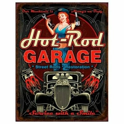 Plaque Métal Publicitaire Vintage Pin Up "Hot Rod Garage "