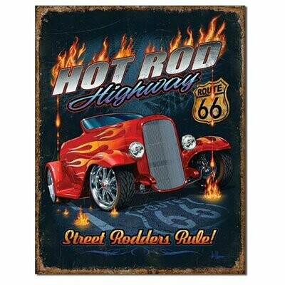 Plaque Métal Publicitaire Vintage " Route 66 Hot Rod "