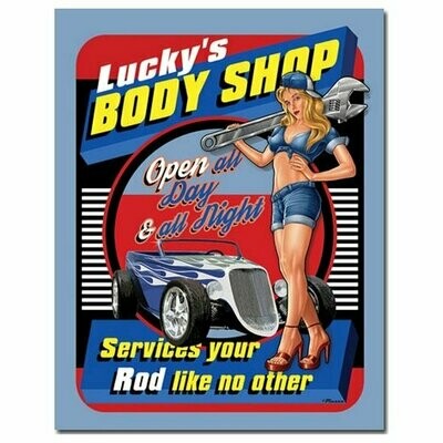 Plaque Métal Publicitaire Vintage Pin Up "Lucky 's body shop"