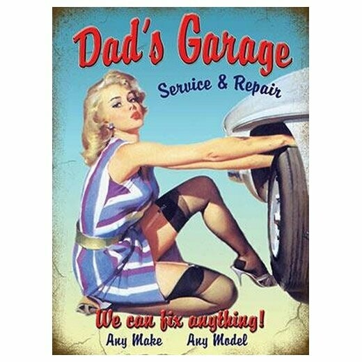 Plaque Métal   Publicitaire Vintage  "Pin Up Dad's Garage "