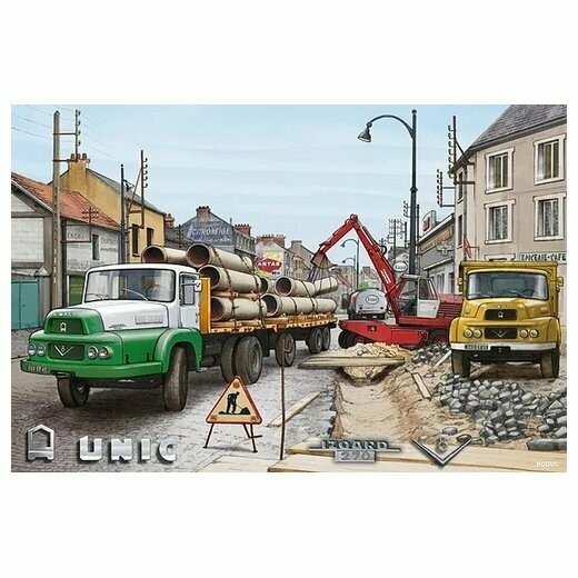 Affiche d'engins de travaux et d 'un  Camion "Unic"