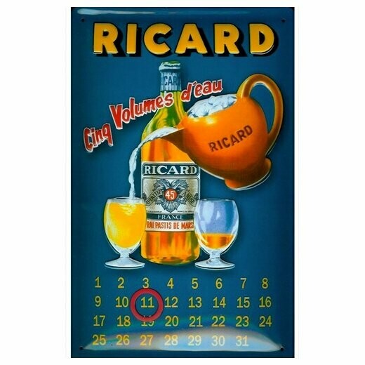 Plaque Métal  Publicité  Vintage "Ricard 5 volumes d eau "