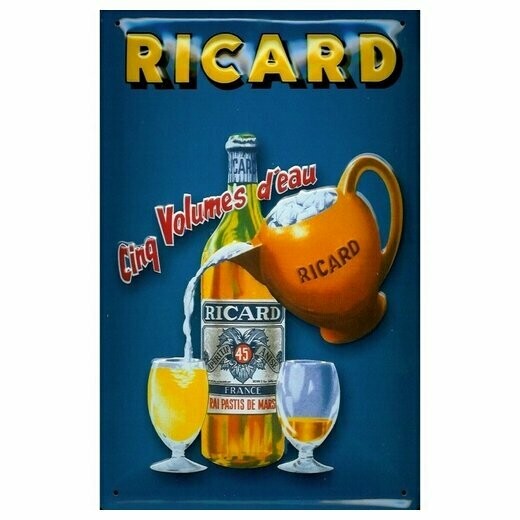 Plaque Métal  Publicité  Vintage "Ricard 5 Volumes d'eau "