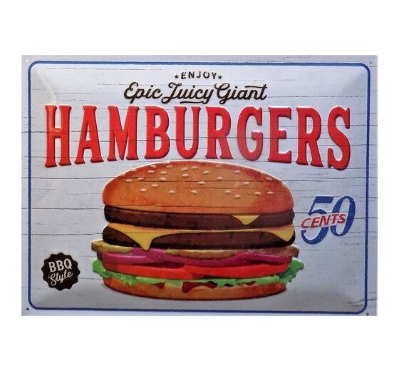Plaque Métal Publicitaire Vintage "HAMBURGERS"