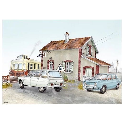 Affiche   "Passage à Niveau avec une Amis 6 et Simca 1000"