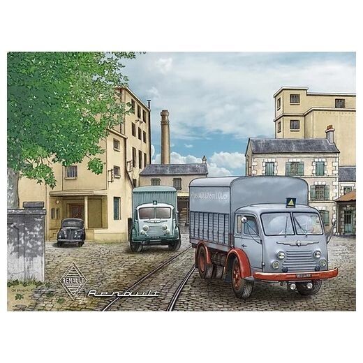 Affiche  d'une usine avec des camions " Renault"
