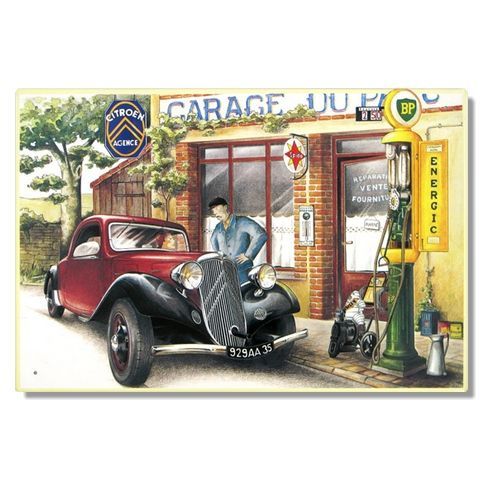 Plaque Métal Publicitaire Vintage " Traction Coupé à Une Station BP"