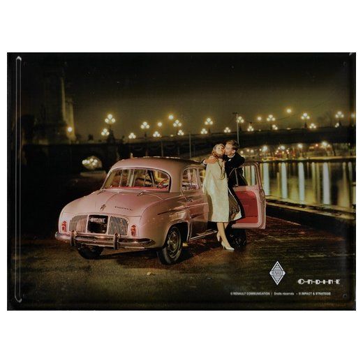 Plaque Métal Publicitaire Vintage " Renault Dauphine Les Amoureux"