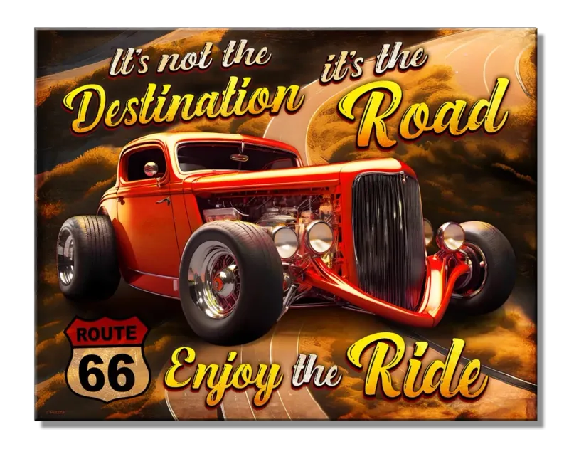 Plaque Métal  Publicitaire Vintage " Hot Rod  Destination Road 66"