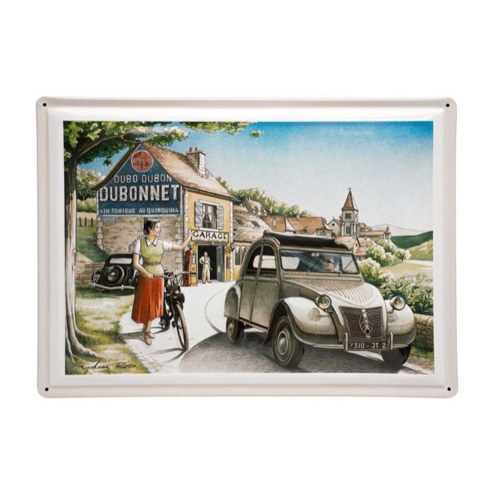 Plaque Métal Publicitaire Vintage " 2CV Dans une rue d'un village"