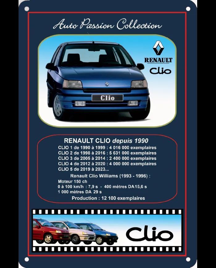 Plaque Publicitaire Vintage en Métal "Renault Clio depuis 1990"