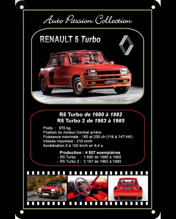 Plaque Publicitaire Vintage en Métal "Renault 5 Turbo "