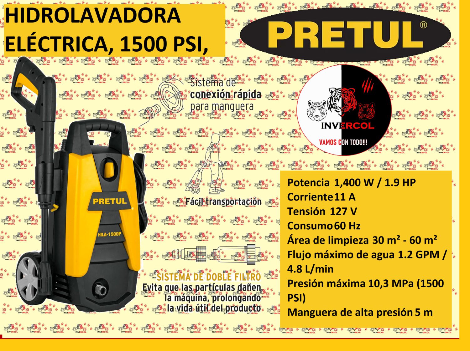 HIDROLAVADORA ELÉCTRICA, 1500 PSI, PRETUL
