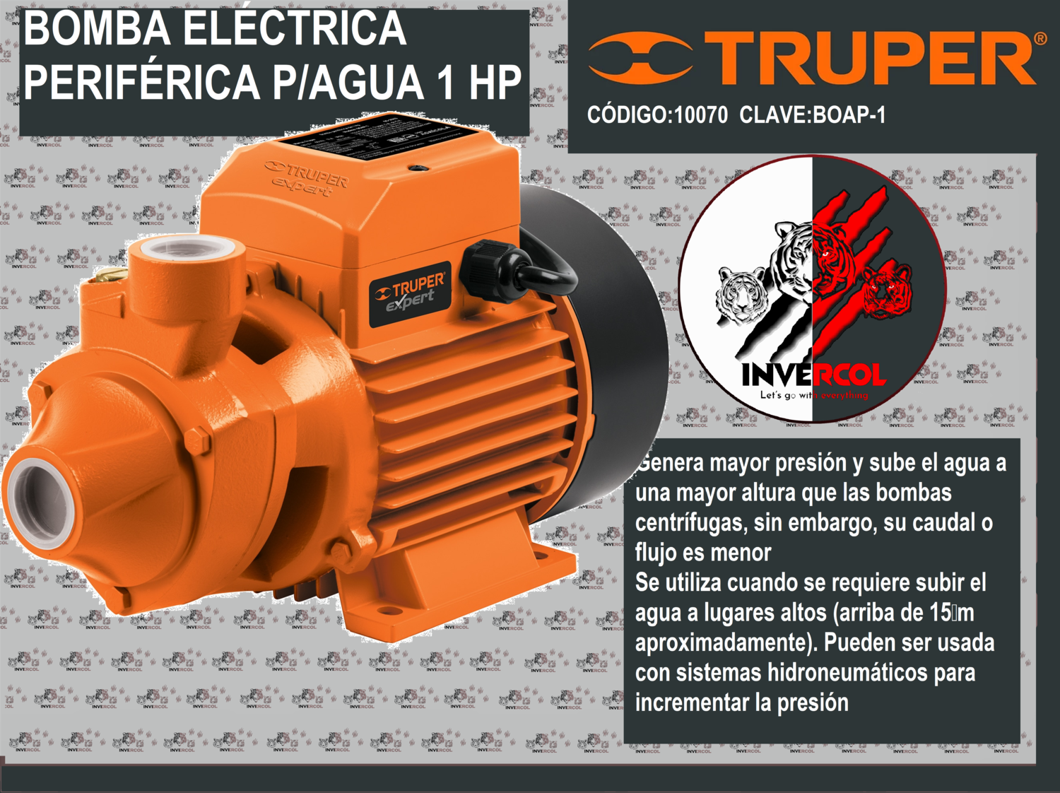 BOMBA ELÉCTRICA PERIFÉRICA PARA AGUA 1 HP, TRUPER EXPERT