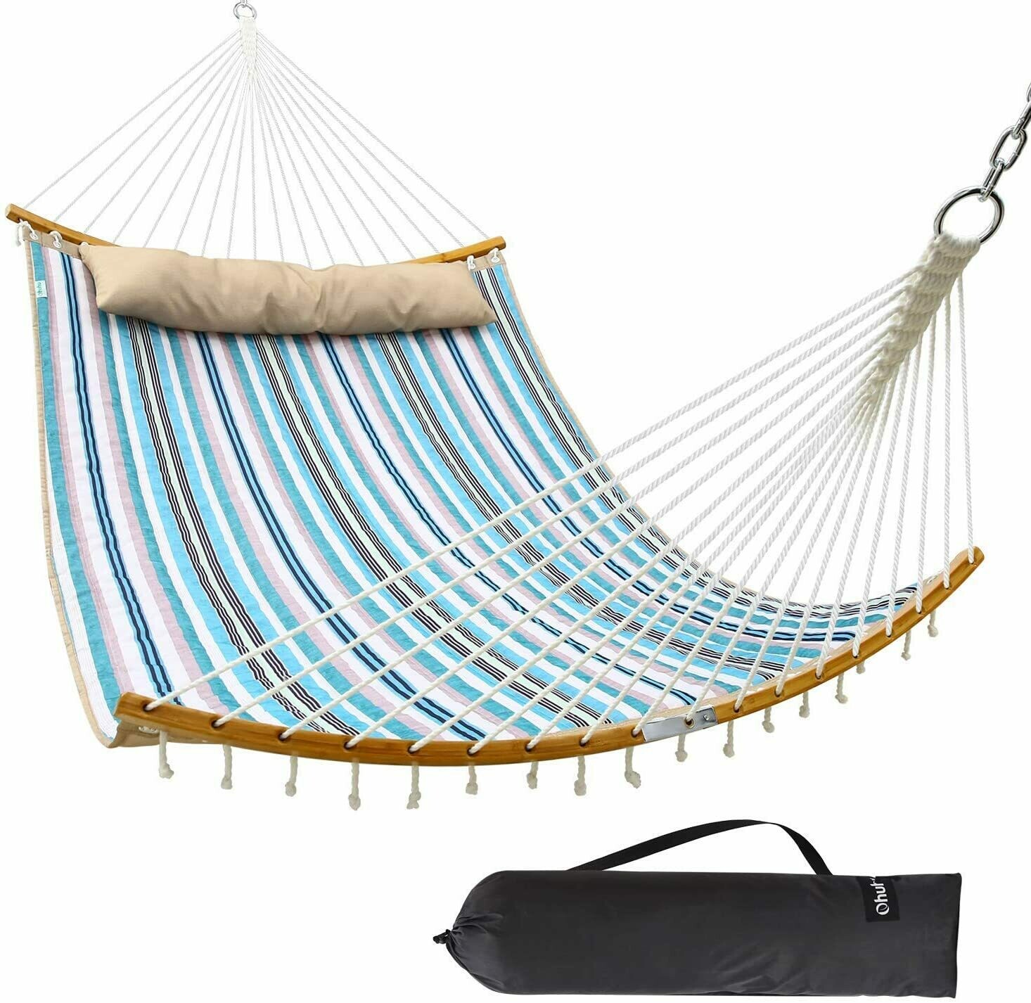 Ohuhu - Hamaca doble de tela acolchada con barra resistente y curvada de bambú y almohada desmontable