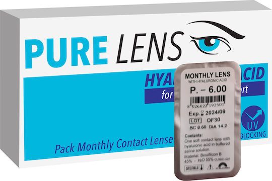 Pure Lens Hyalouronic Μηνιαίος Φακός Επαφής Υδρογέλης με UV Προστασία 1 μεμονωμένο τμχ
