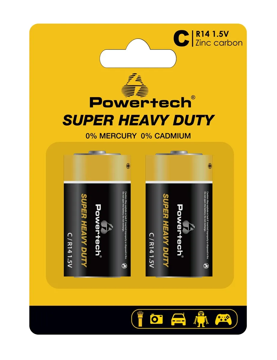 POWERTECH μπαταρίες Zinc Carbon Super Heavy Duty PT-1221, R14 1.5V, 2τμχ