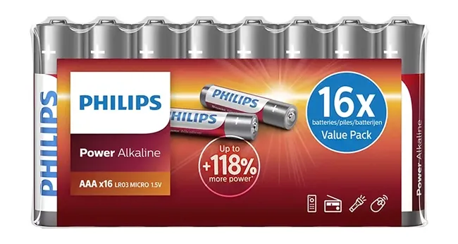 PHILIPS Power αλκαλικές μπαταρίες LR03P16F/10, AAA LR03 1.5V, 16τμχ