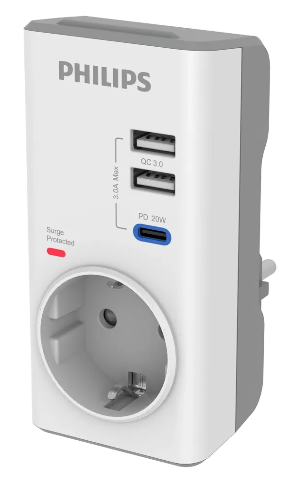 PHILIPS αντάπτορας ρεύματος CHP8010W/10, 1 θέση, USB-C/USB, 380J, λευκός