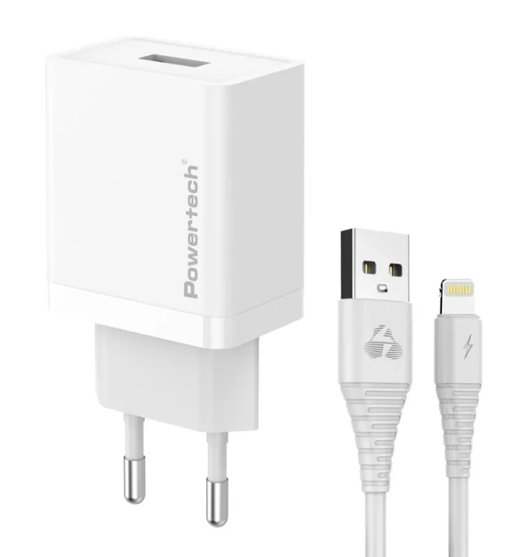 POWERTECH φορτιστής τοίχου PT-1323 με καλώδιο Lightning, USB, 12W, λευκός