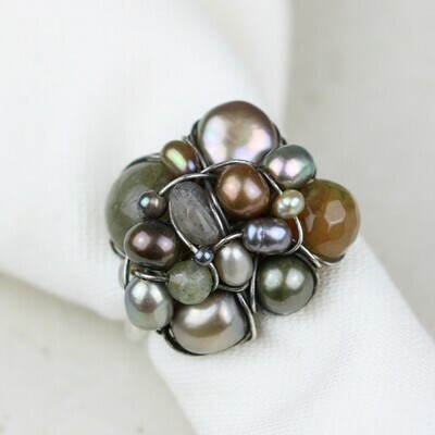 Kulturperler, labradorit, ild agat, hæmatit og sterling sølv