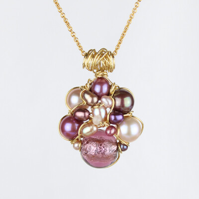 Forgyldt sølv, Muranoglas, lille rosakvarts.