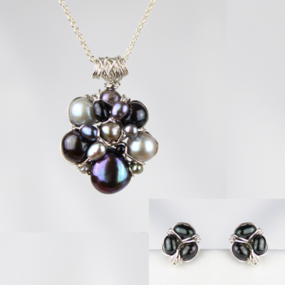 Halskæde og ørepynt, grå og sorte perler