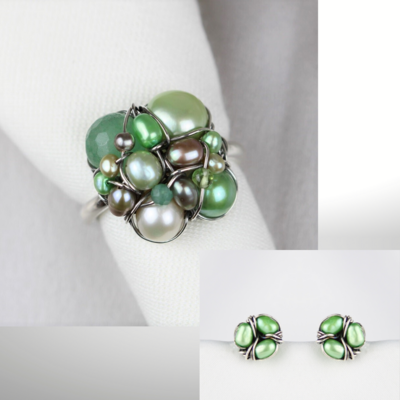 Ring og ørepynt, aventurin og perler