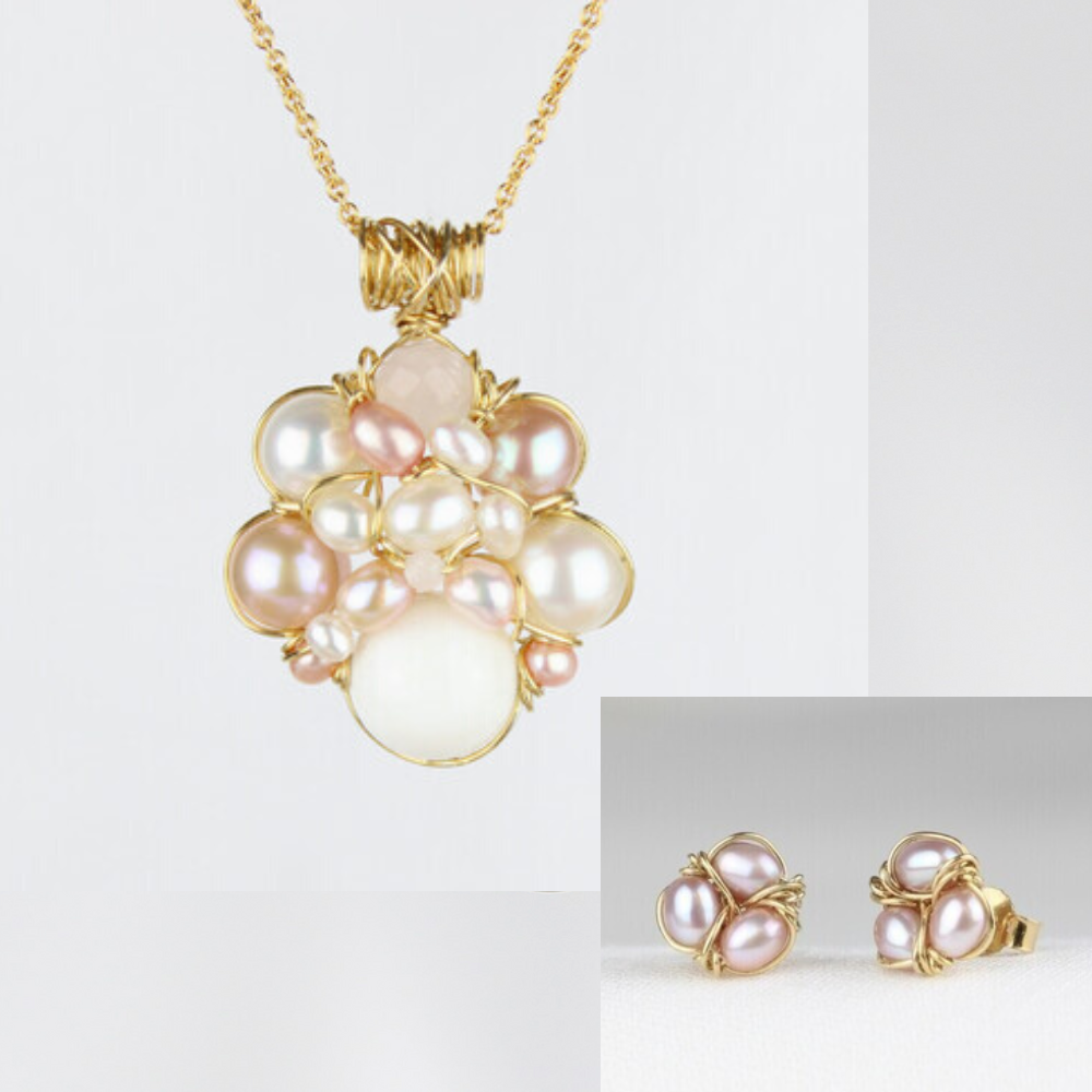 Halskæde med hvid jade og ørepynt, forgyldt