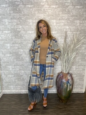SAGE THE LABEL NAVY BROWN PLAID LONG COAT