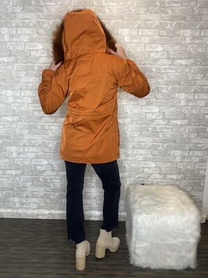 RUST FAUX FUR TRIM HOODED JACKET