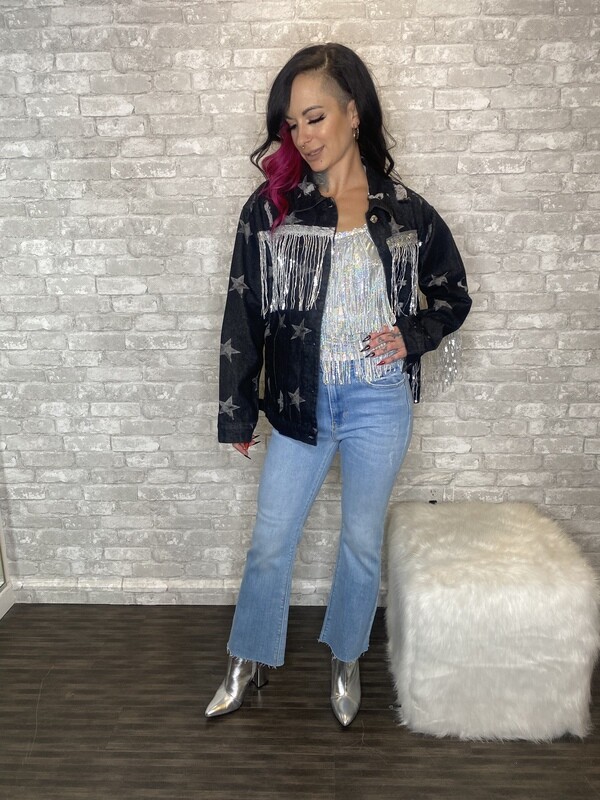 BLACK DENIM FRINGE STAR DETAIL JACKET