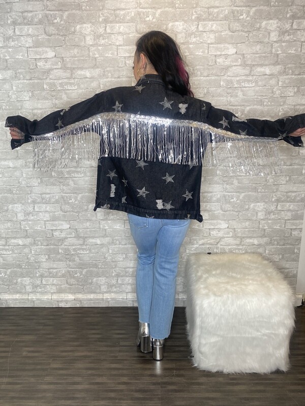 BLACK DENIM FRINGE STAR DETAIL JACKET