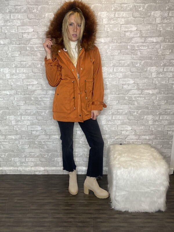 RUST FAUX FUR TRIM HOODED JACKET