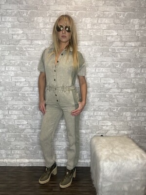 LELIS OLIVE COLOR BLOCK S/S UTILITY JUMPSUIT