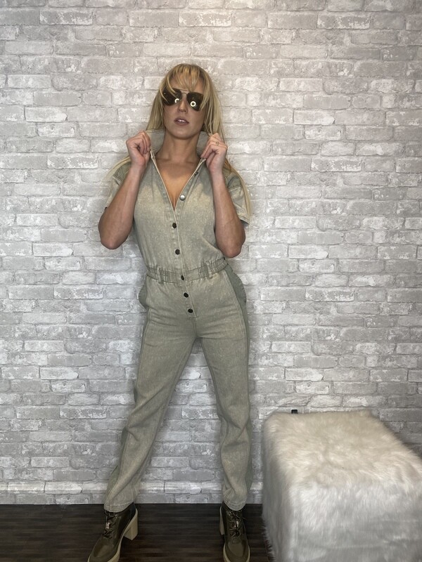 LELIS OLIVE COLOR BLOCK S/S UTILITY JUMPSUIT