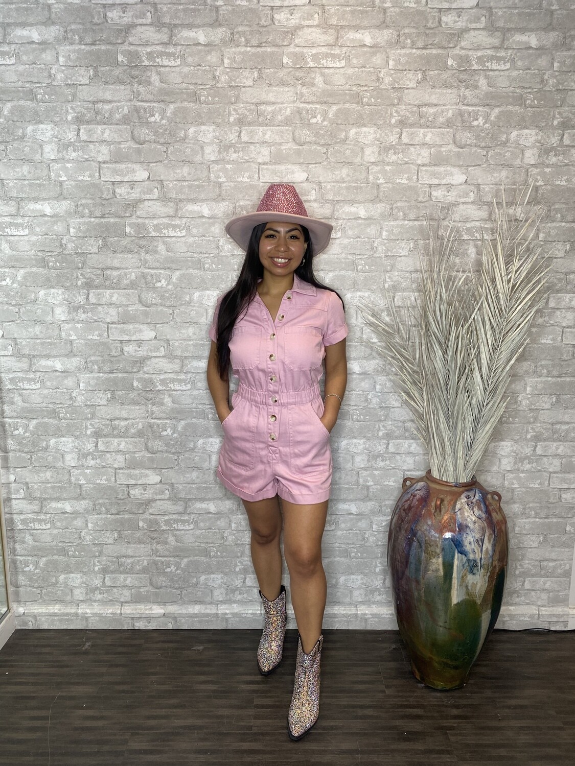 MUMU PINK DENIM ROMPER