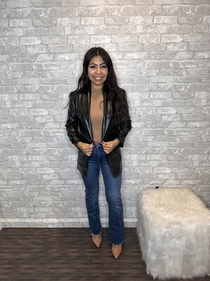 TART BLK FAUX LEATHER 3/4 ROUCHED SLEEVE BLAZER