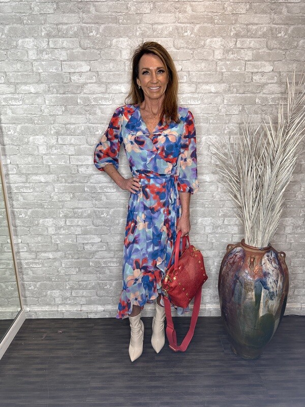 VM CHIFFON RUFFLE WRAP DRESS BLUE/RED