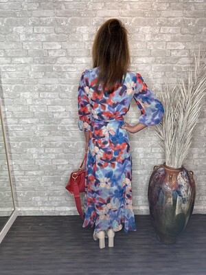 VM CHIFFON RUFFLE WRAP DRESS BLUE/RED