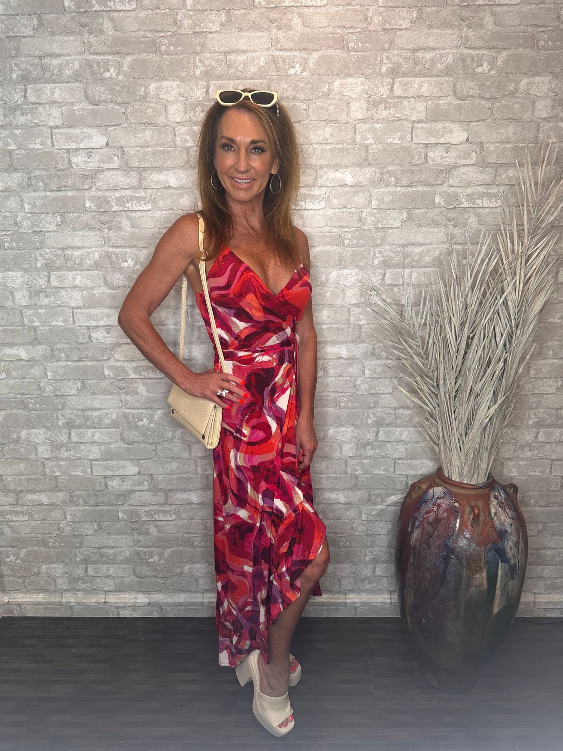 VM RED PRINT CAMI WRAP DRESS