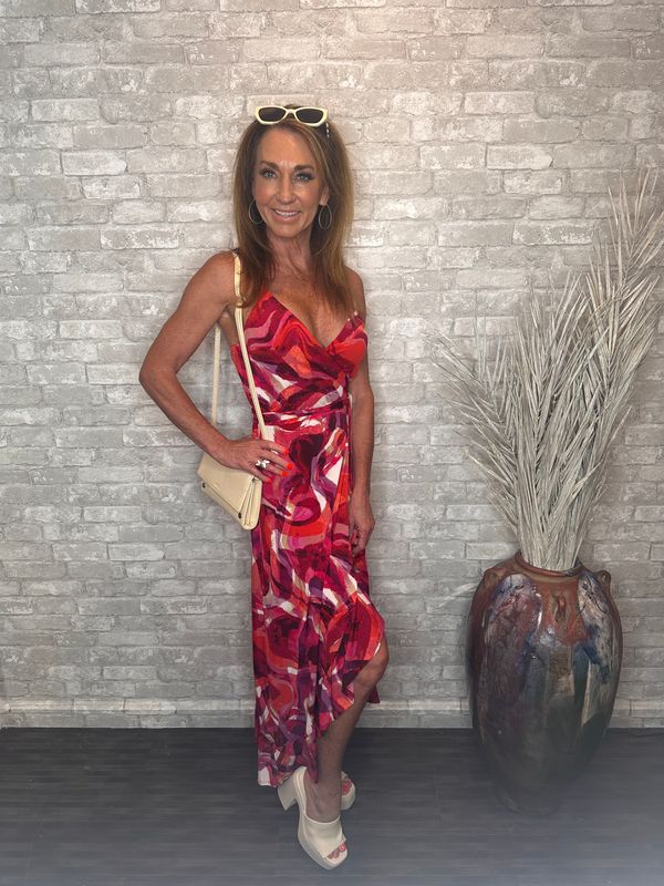 VM RED PRINT CAMI WRAP DRESS