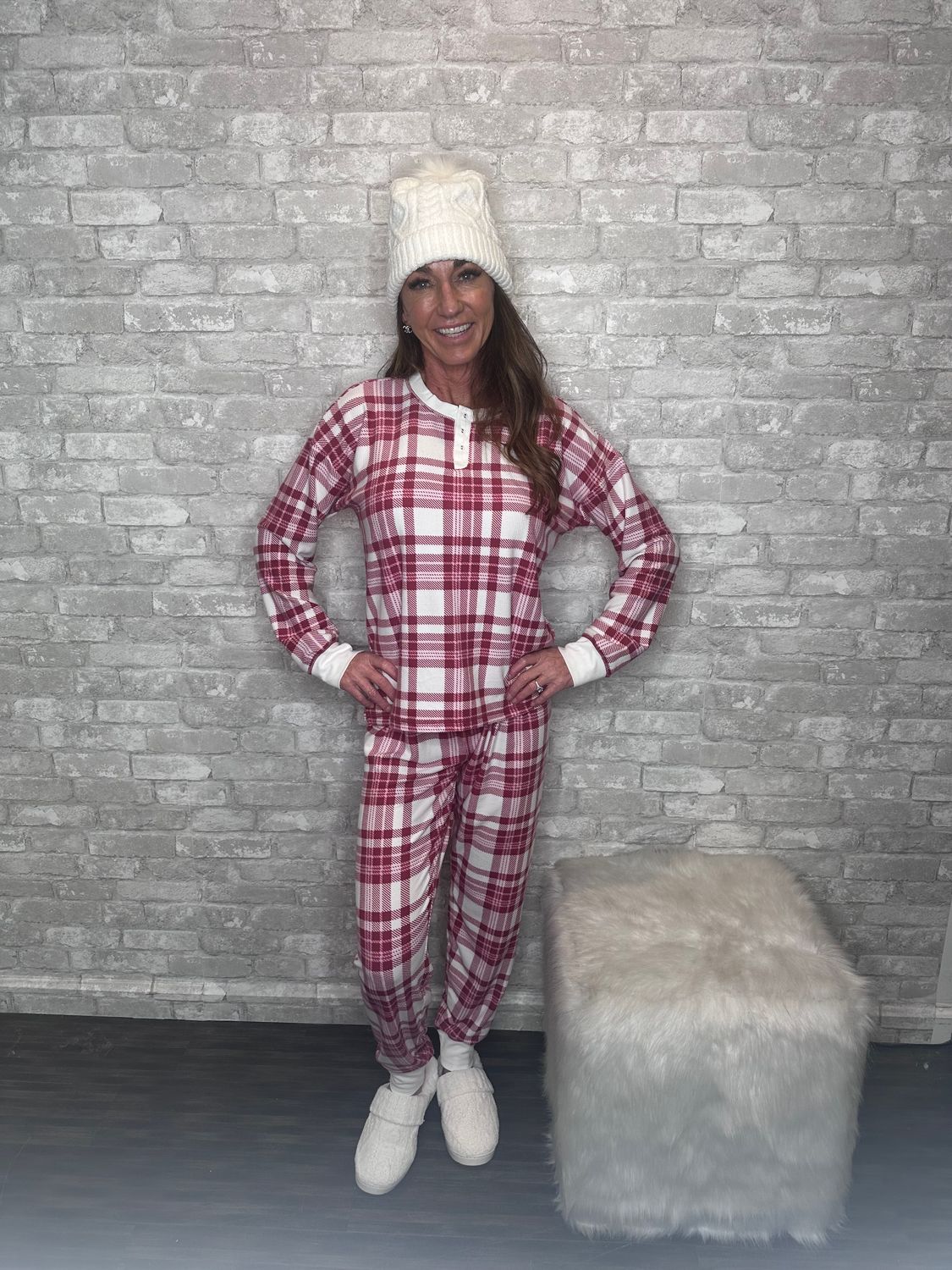 PJS RED PLAID COXY VELOUR BAMDED BOTTOM PANT