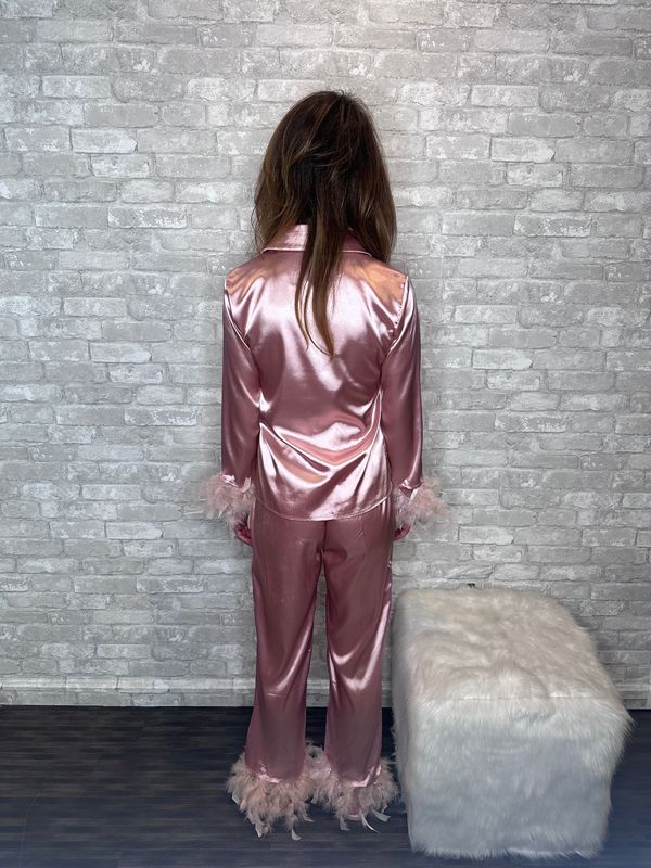 PINK SATIN FEATHER TRIMMED PJ SET