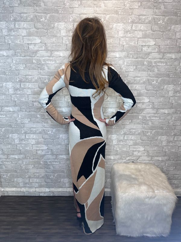 BLANC BLK/TAUPE L/S MIDI SWEATER DRESS